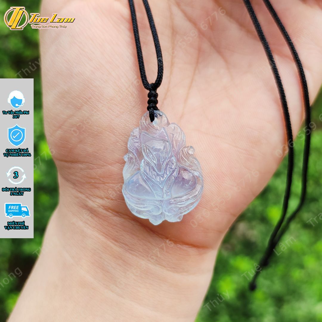  Dây chuyền mặt hồ ly chúa cuộn đuôi dưới đá aquamarine hợp mệnh thủy mộc, phụ trợ tình duyên, may mắn - Tuệ Lâm 