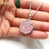  Mặt dây chuyền hồ ly ôm hoa Thạch Anh hồng hợp mệnh hỏa thổ trợ duyên may mắn bọc bạc S925 