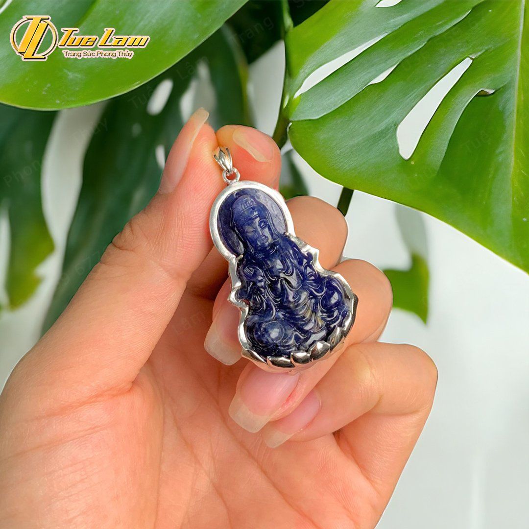  Mặt dây chuyền phật quan âm bồ tát đá sodalite bọc vàng trắng bình an may mắn, hợp mệnh thủy mộc 