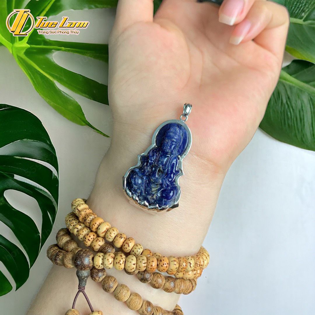  Mặt dây chuyền phật quan âm bồ tát đá sodalite bọc vàng trắng bình an may mắn, hợp mệnh thủy mộc 