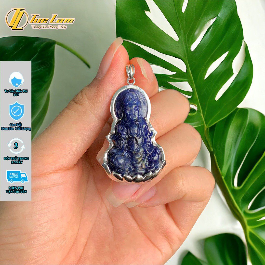  Mặt dây chuyền phật quan âm bồ tát đá sodalite bọc vàng trắng bình an may mắn, hợp mệnh thủy mộc 