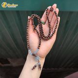  Vòng tay hạt gỗ trầm hương sánh chìm 108 hạt size 6 li mix hoa sen trầm sánh cỏ 4 lá đá aquamarine 