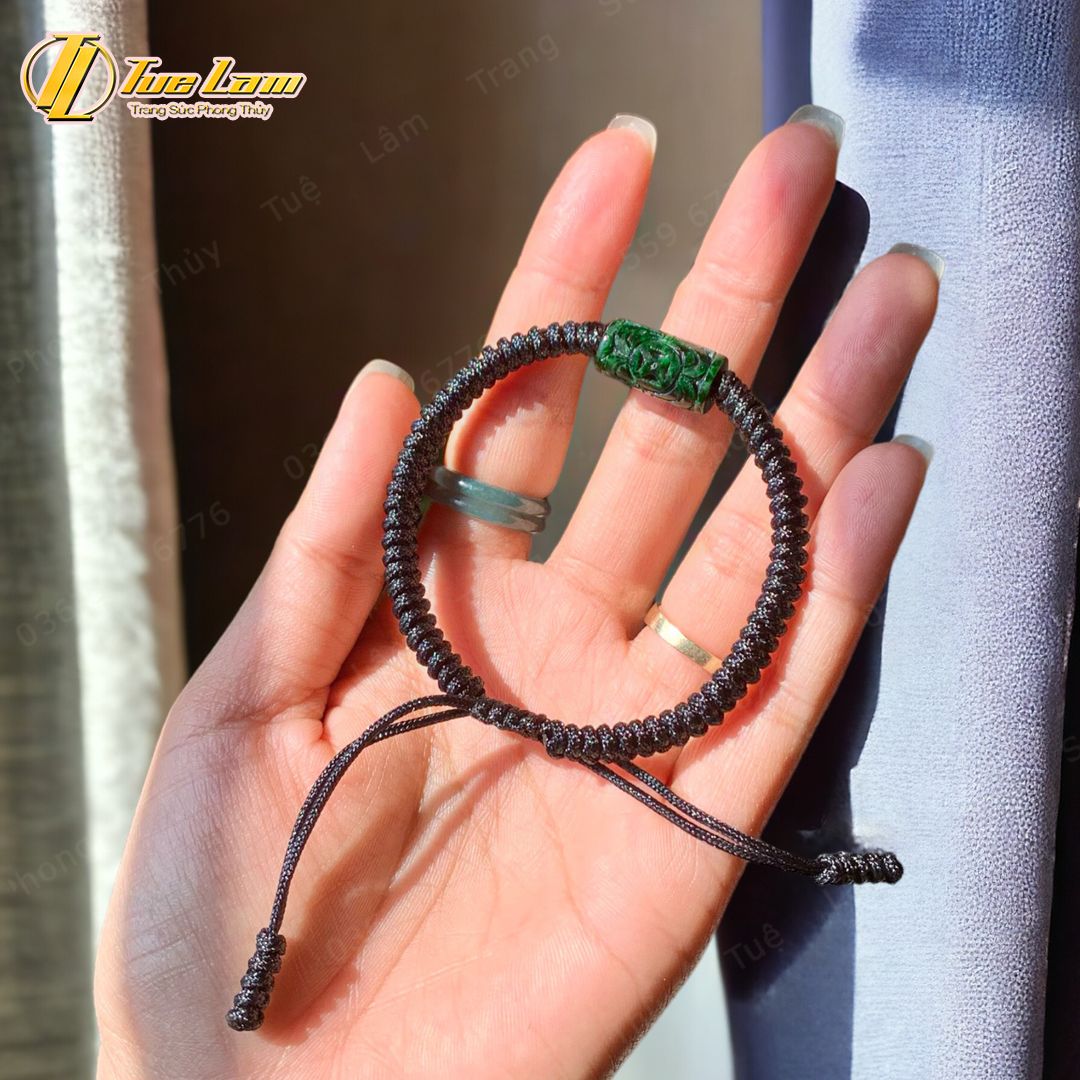  Vòng tay lu thống ngọc sơn thủy chạm họa tiết tài lộc hanh thông bện chỉ handmade may mắn hợp mệnh 