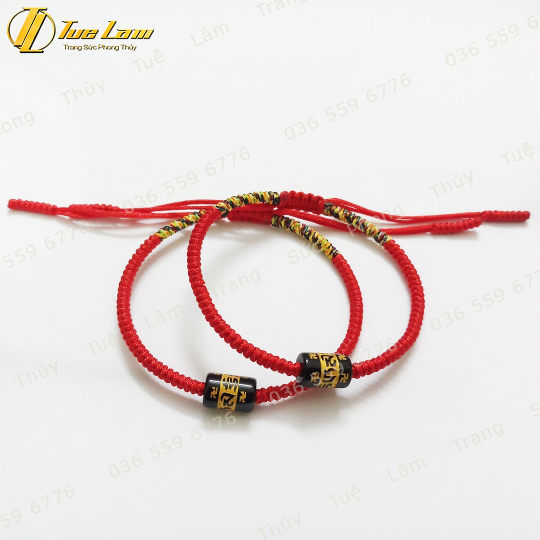  Vòng tay chỉ đỏ may mắn bện handmade hạt lu thống đá thạch anh đen khắc chú - Tuệ Lâm 