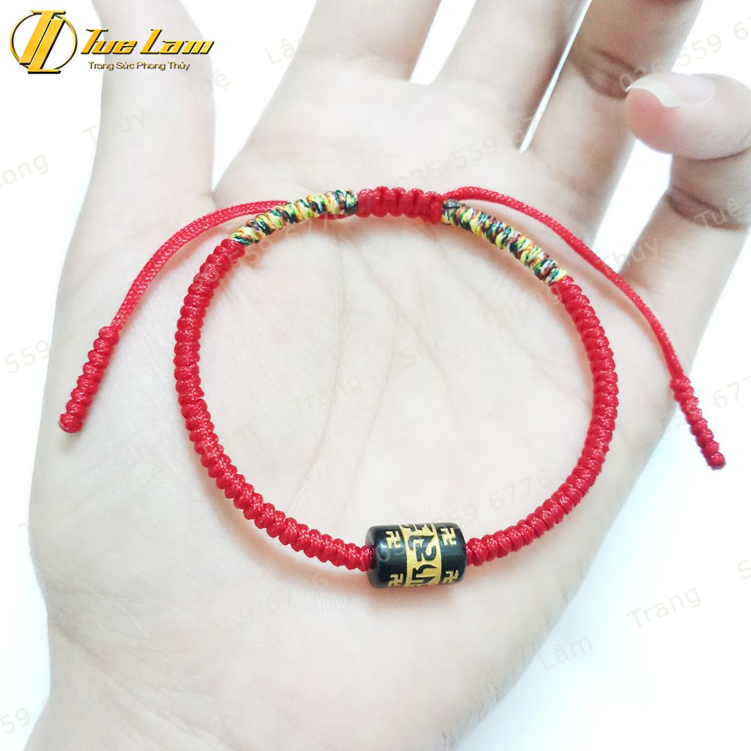  Vòng tay chỉ đỏ may mắn bện handmade hạt lu thống đá thạch anh đen khắc chú - Tuệ Lâm 