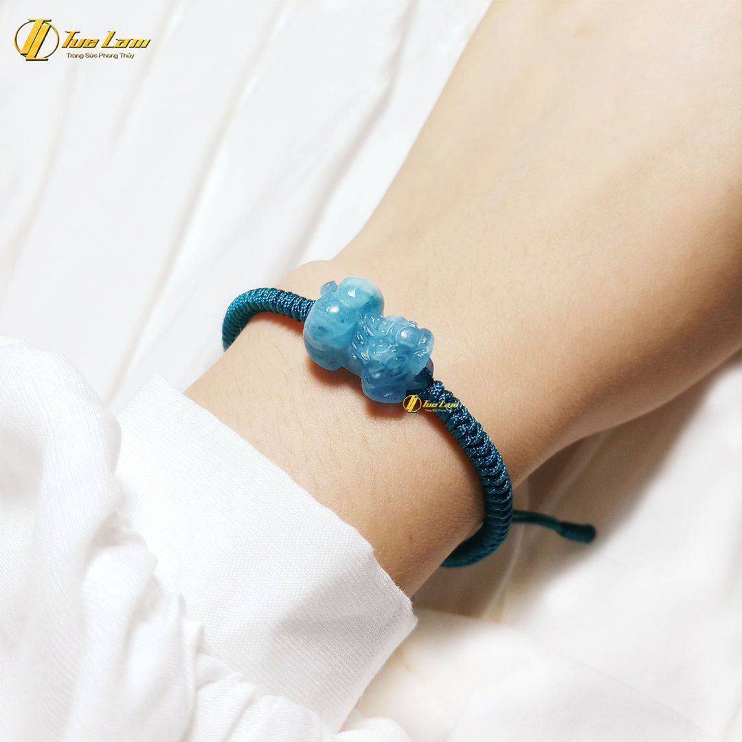  Vòng tay tỳ hưu đá aquamarine hợp mệnh thủy mộc bện chỉ handmade chiêu tài hút lộc - Tuệ Lâm 