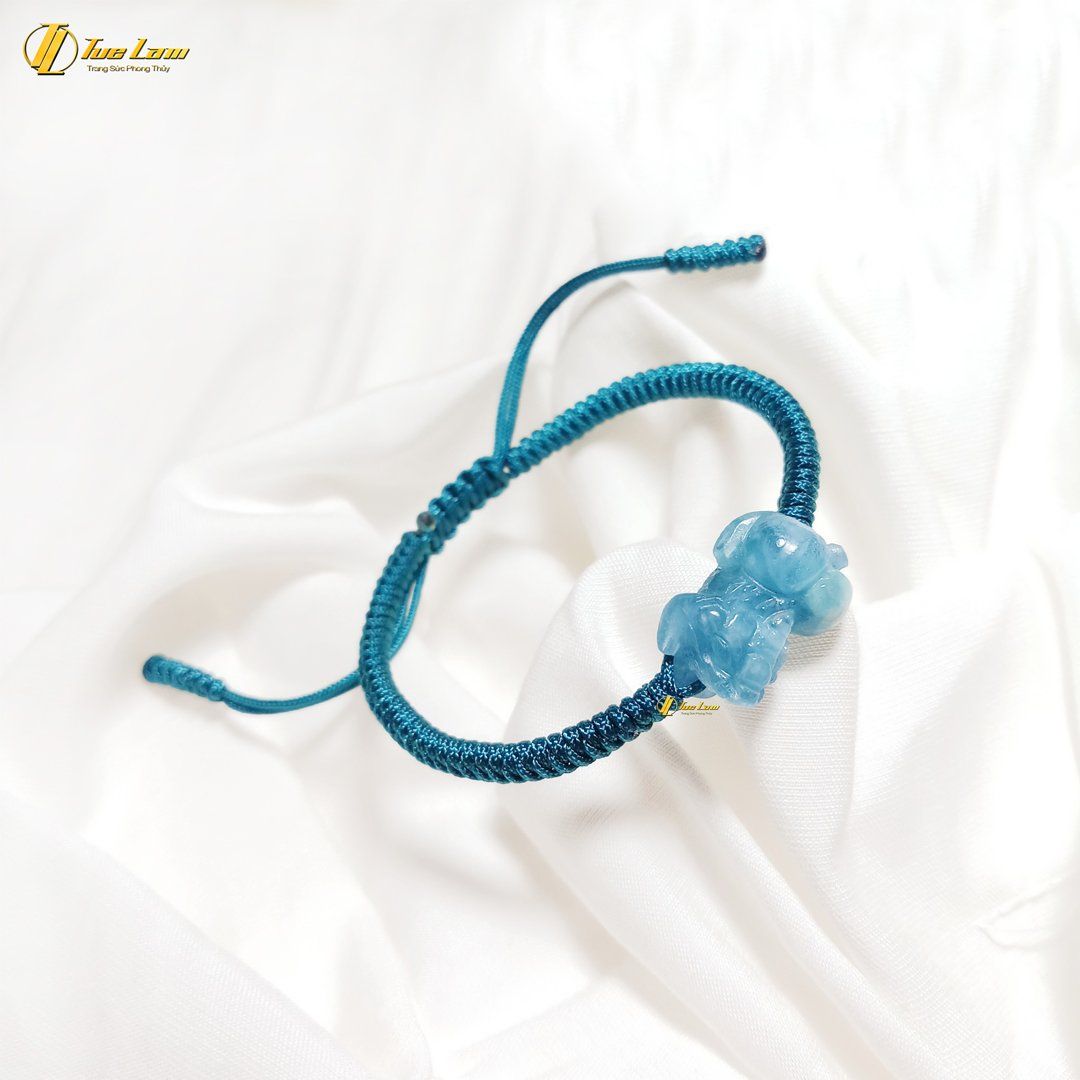  Vòng tay tỳ hưu đá aquamarine hợp mệnh thủy mộc bện chỉ handmade chiêu tài hút lộc - Tuệ Lâm 