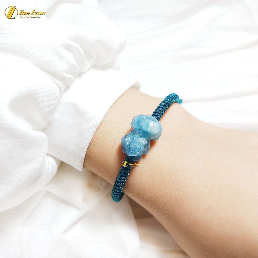  Vòng tay tỳ hưu đá aquamarine hợp mệnh thủy mộc bện chỉ handmade chiêu tài hút lộc - Tuệ Lâm 