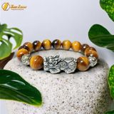  Vòng tay phong thủy hạt đá thạch anh mắt hổ nâu vàng size 12 Li mix tỳ hưu bạc si đen bi cầu tài lộc 