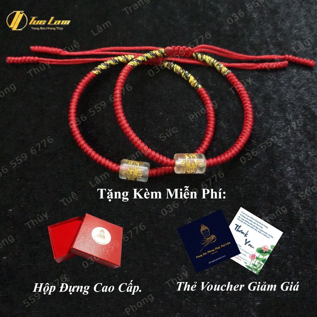  Vòng tay chỉ đỏ may mắn bện handmade hạt lu thống đá thạch anh trắng khắc chú - Tuệ Lâm 