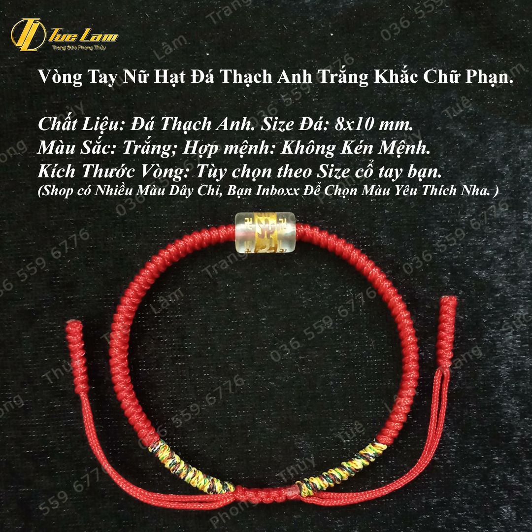  Vòng tay chỉ đỏ may mắn bện handmade hạt lu thống đá thạch anh trắng khắc chú - Tuệ Lâm 