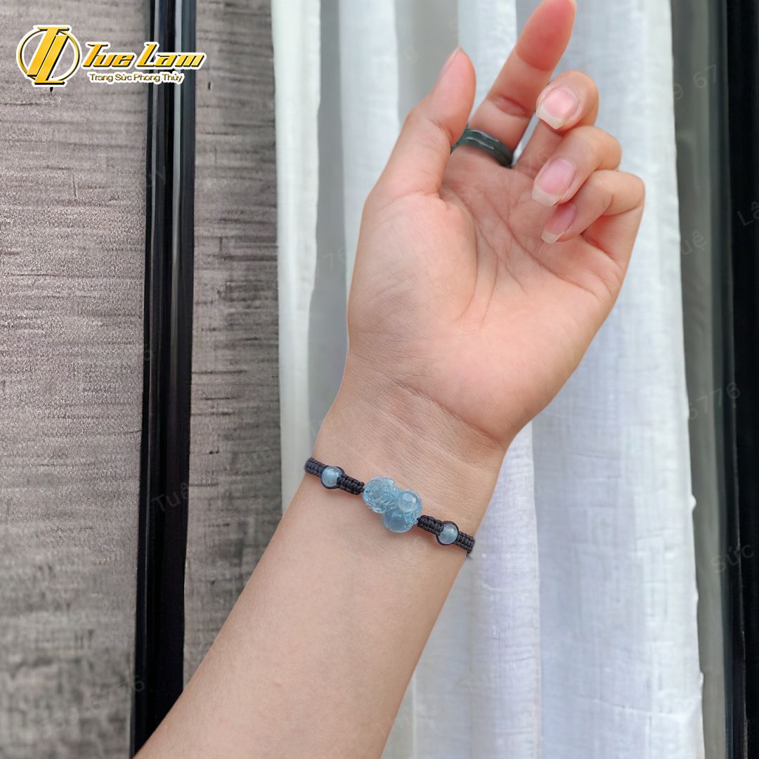  Vòng tay tỳ hưu aquamarine hợp mệnh thủy mộc mix hạt đá aquamarine 8 li, bện handmade chỉ may mắn bền đẹp - Tuệ Lâm 