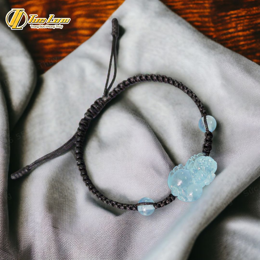  Vòng tay tỳ hưu aquamarine hợp mệnh thủy mộc mix hạt đá aquamarine 8 li, bện handmade chỉ may mắn bền đẹp - Tuệ Lâm 