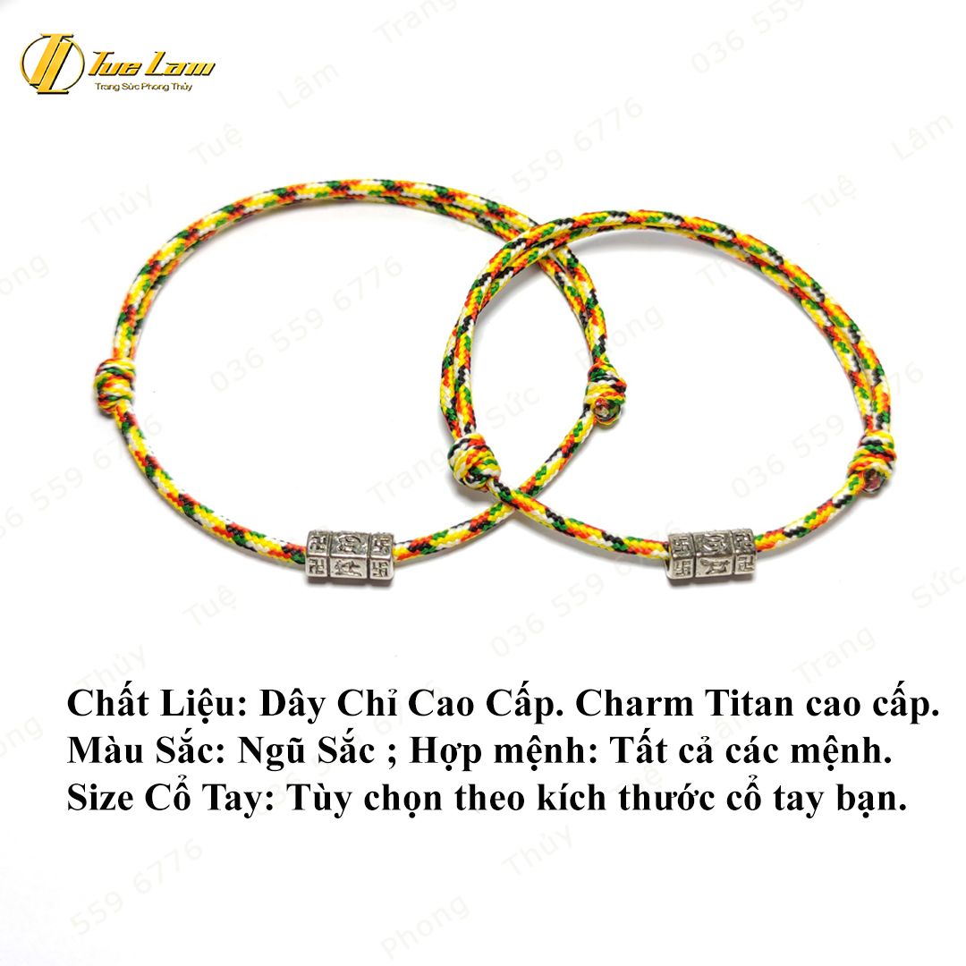  Vòng tay chỉ ngũ sắc may mắn mix charm ống trụ khắc chú bình an -Tuệ Lâm 