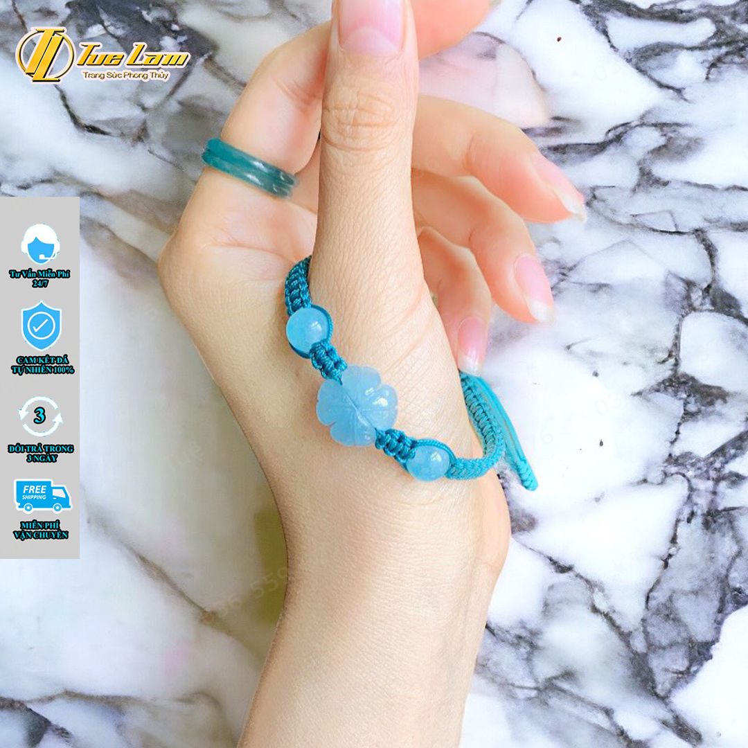  Vòng tay cỏ 4 lá may mắn aquamarine hợp mệnh thủy mộc bện chỉ handmade màu xanh dương 