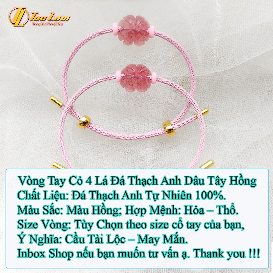  Vòng tay cỏ 4 lá đá thạch anh dâu tây hồng hợp mệnh hỏa mệnh thổ thu hút may mắn bình an hạnh phúc 