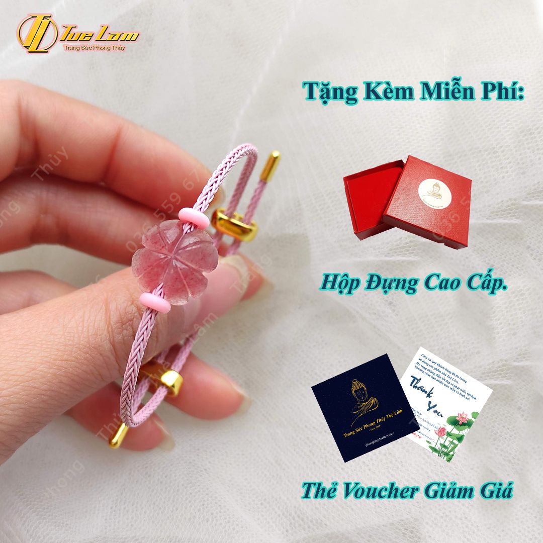  Vòng tay cỏ 4 lá đá thạch anh dâu tây hồng hợp mệnh hỏa mệnh thổ thu hút may mắn bình an hạnh phúc 