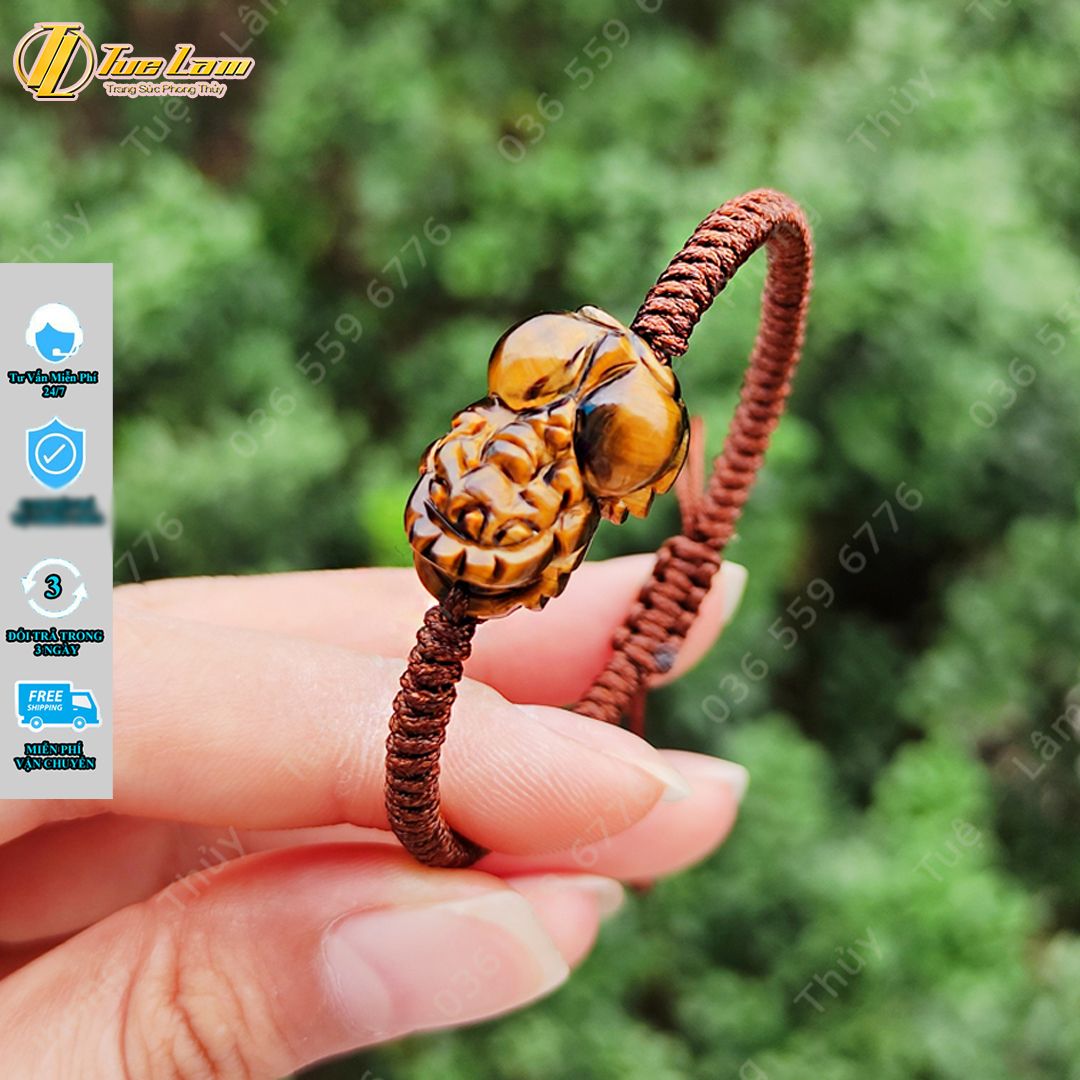  Vòng tay tỳ hưu đá mắt hổ nâu vàng hợp mệnh kim thổ bện chỉ handmade chiêu tài hút lộc - Tuệ Lâm 