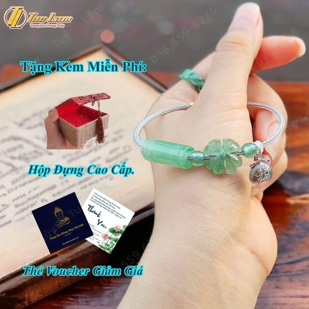  Vòng tay lu thống mix cỏ 4 lá đá thạch anh dâu tây xanh hợp mệnh mộc hỏa treo charm bạc túi tiền tài lộc 