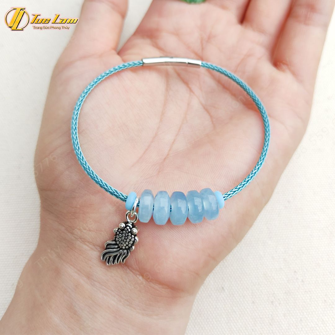  Vòng Tay Ngũ Điếu Đá Aquamarine hợp mệnh thủy mộc mix charm cá chép bạc S925 