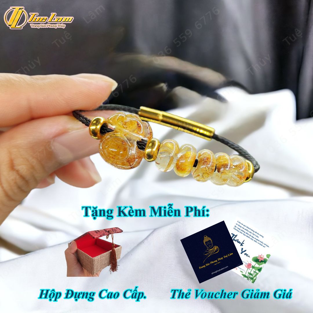  Vòng tay ngũ điếu mix túi tiền thạch anh tóc vàng hợp mệnh kim thổ, chiêu tài lộc, hút may mắn 