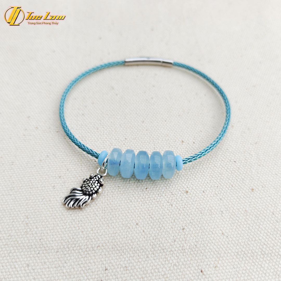  Vòng Tay Ngũ Điếu Đá Aquamarine hợp mệnh thủy mộc mix charm cá chép bạc S925 