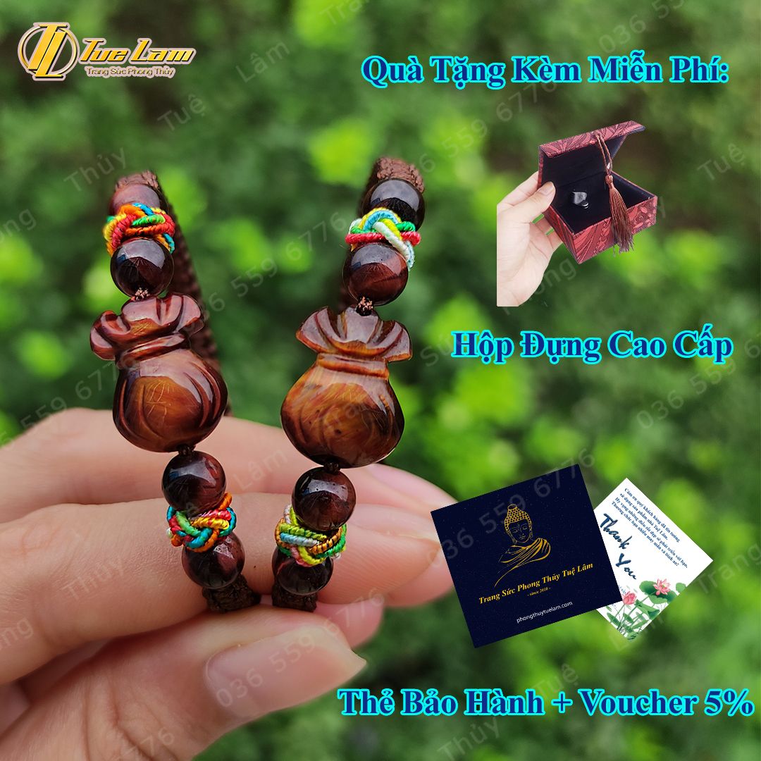  Vòng Tay Túi Tiền Đá Thạch Anh Mắt Hổ Nâu Đỏ hợp mệnh hỏa thổ Bện chỉ handmade may mắn tài lộc 