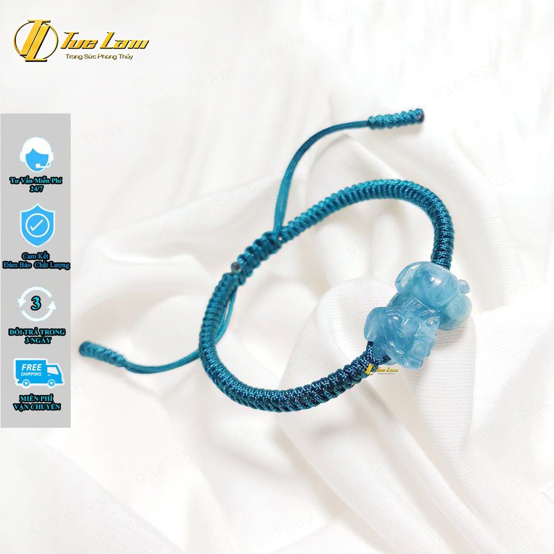  Vòng tay tỳ hưu đá aquamarine hợp mệnh thủy mộc bện chỉ handmade chiêu tài hút lộc - Tuệ Lâm 