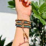  Vòng tay hạt trầm hương 6 li mix hoa sen trầm banh lào hạt lam ngọc hợp mệnh may mắn 