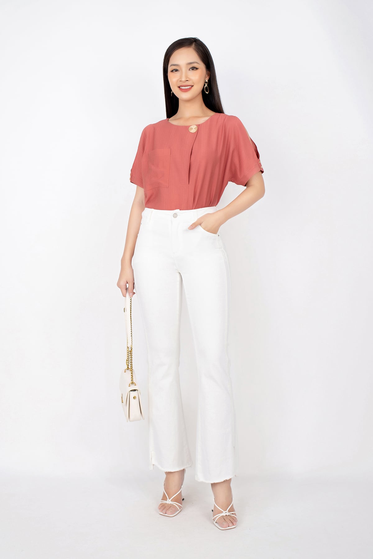 2FAS52159 - Áo kiểu công sở vải thô đũi tay cut - PANTIO