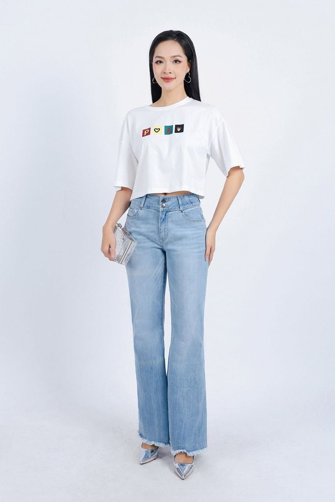 FAT3356 - Áo thun vải Cotton dáng croptop tay lửng ngực áo in hoạ tiết trang trí - PANTIO