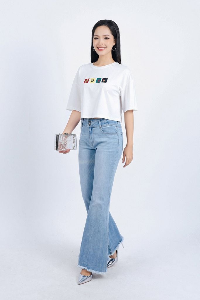 FAT3356 - Áo thun vải Cotton dáng croptop tay lửng ngực áo in hoạ tiết trang trí - PANTIO