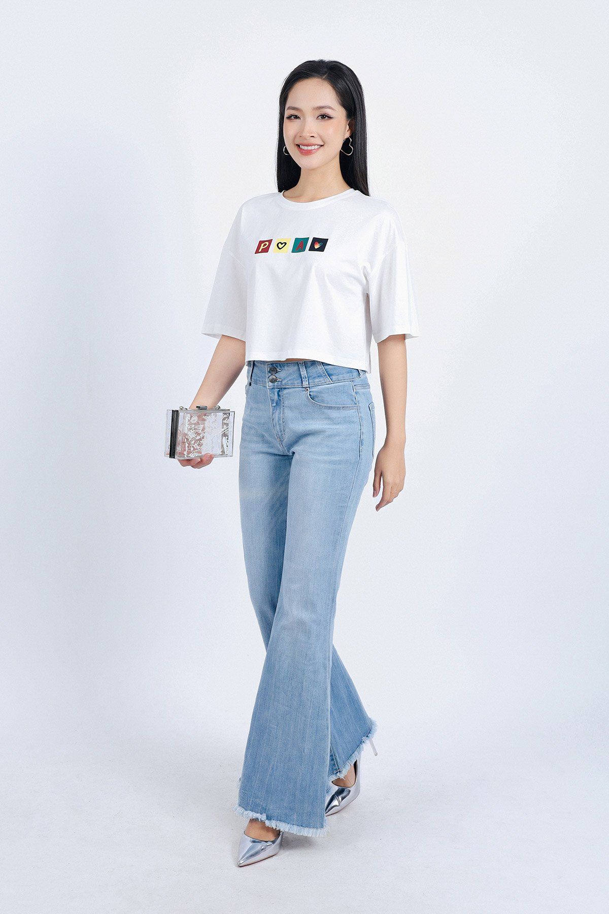 FAT3356 - Áo thun vải Cotton dáng croptop tay lửng ngực áo in hoạ tiết trang trí - PANTIO