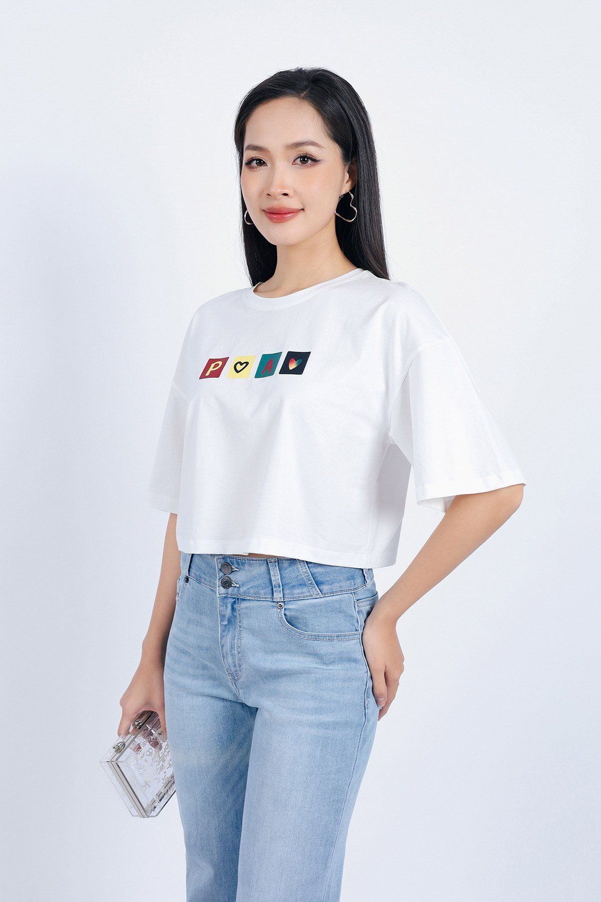 FAT3356 - Áo thun vải Cotton dáng croptop tay lửng ngực áo in hoạ tiết trang trí - PANTIO