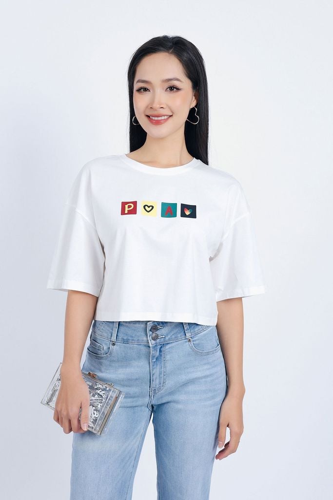 FAT3356 - Áo thun vải Cotton dáng croptop tay lửng ngực áo in hoạ tiết trang trí - PANTIO