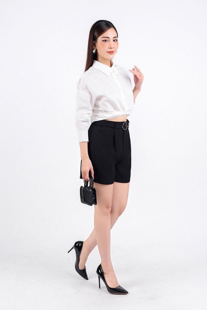 FAS53645 - Áo sơ mi công sở vải thô dáng croptop cổ đức dài tay cài khuy thân trước eo xoắn tạo kiểu - PANTIO