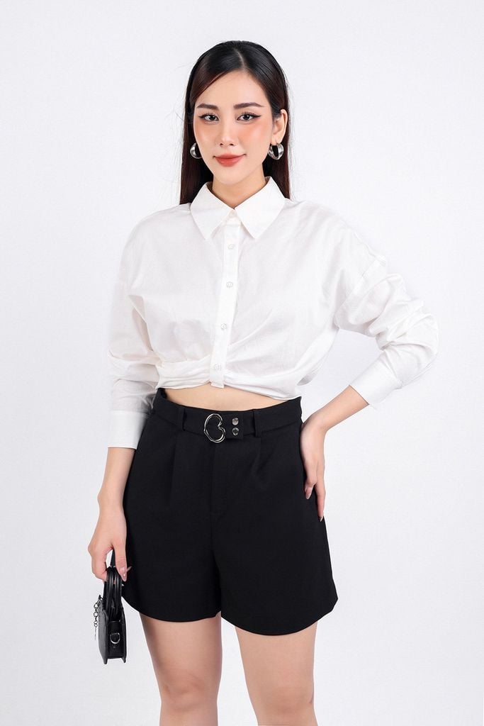 FAS53645 - Áo sơ mi công sở vải thô dáng croptop cổ đức dài tay cài khuy thân trước eo xoắn tạo kiểu - PANTIO