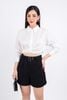 FAS53645 - Áo sơ mi công sở vải thô dáng croptop cổ đức dài tay cài khuy thân trước eo xoắn tạo kiểu - PANTIO