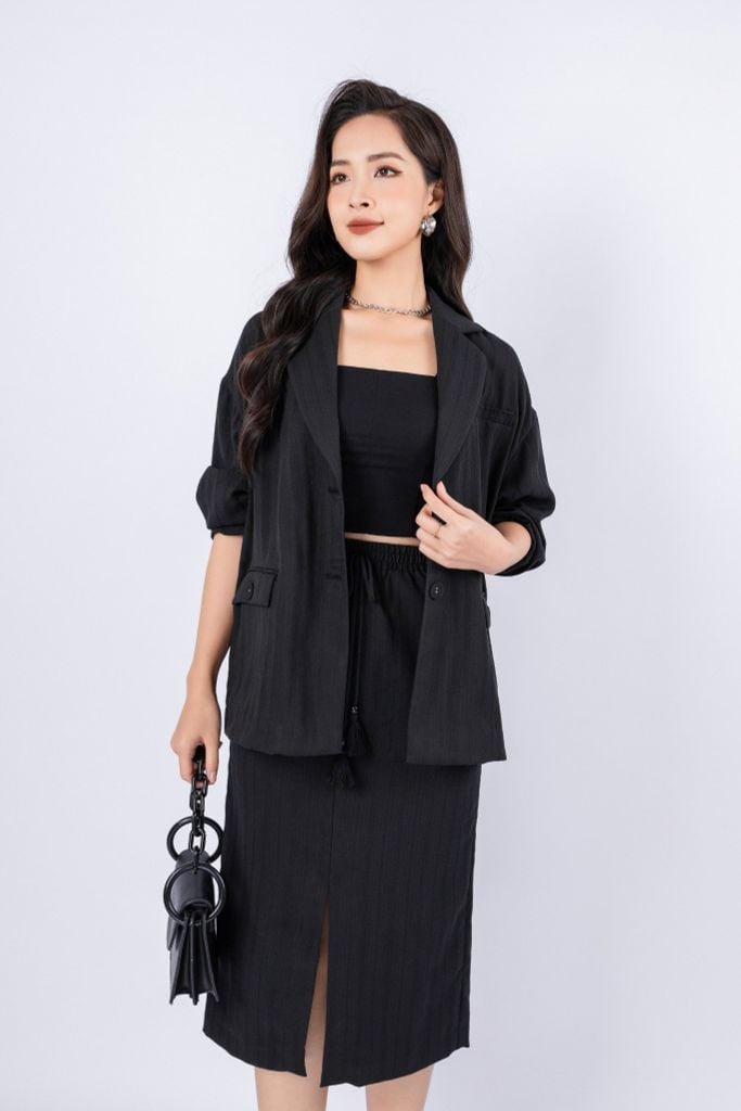 BAD13053 - Áo vest công sở vải thô đũi dáng suông cổ hai ve cài cúc thân có túi - PANTIO