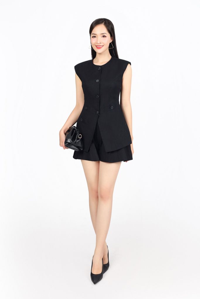 BAD13396 - Áo kiểu công sở vải linen dáng ôm cổ tròn không tay có đệm vai thân áo phối khuy tạo kiểu thời trang - PANTIO