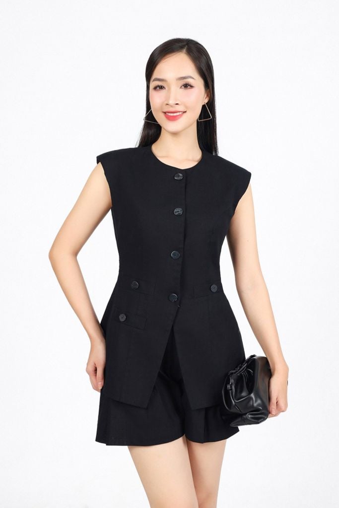 BAD13396 - Áo kiểu công sở vải linen dáng ôm cổ tròn không tay có đệm vai thân áo phối khuy tạo kiểu thời trang - PANTIO