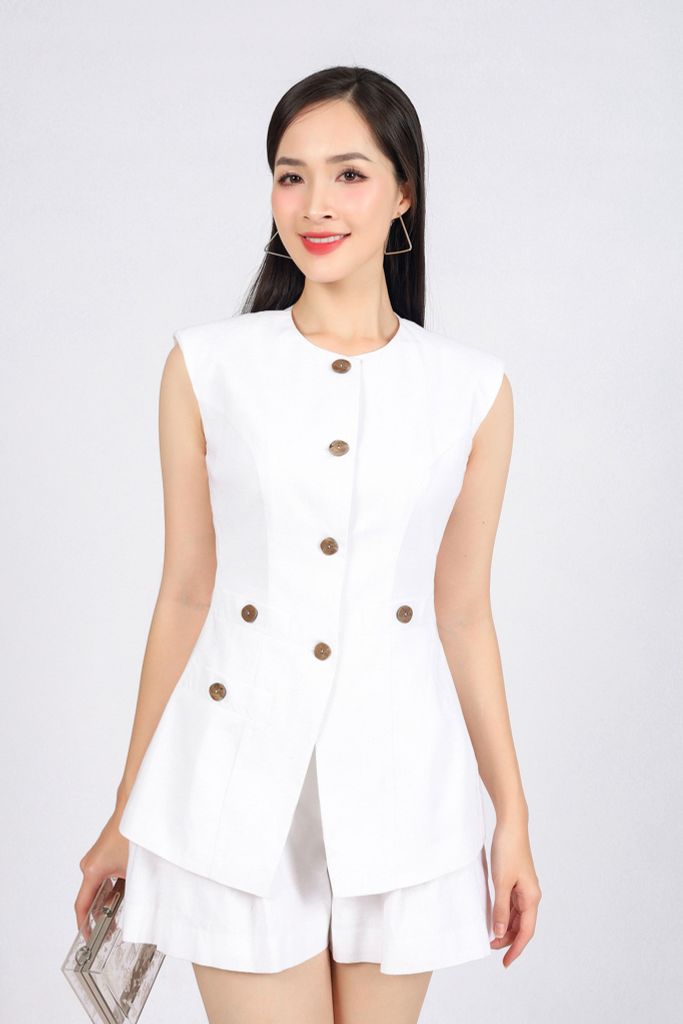 BAD13396 - Áo kiểu công sở vải linen dáng ôm cổ tròn không tay có đệm vai thân áo phối khuy tạo kiểu thời trang - PANTIO