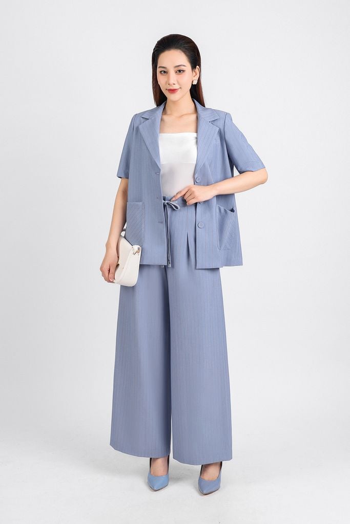 BAD33100 - Áo vest công sở ngắn tay vải thô dáng suông cổ hai ve thân áo phối khuy bọc có túi - PANTIO