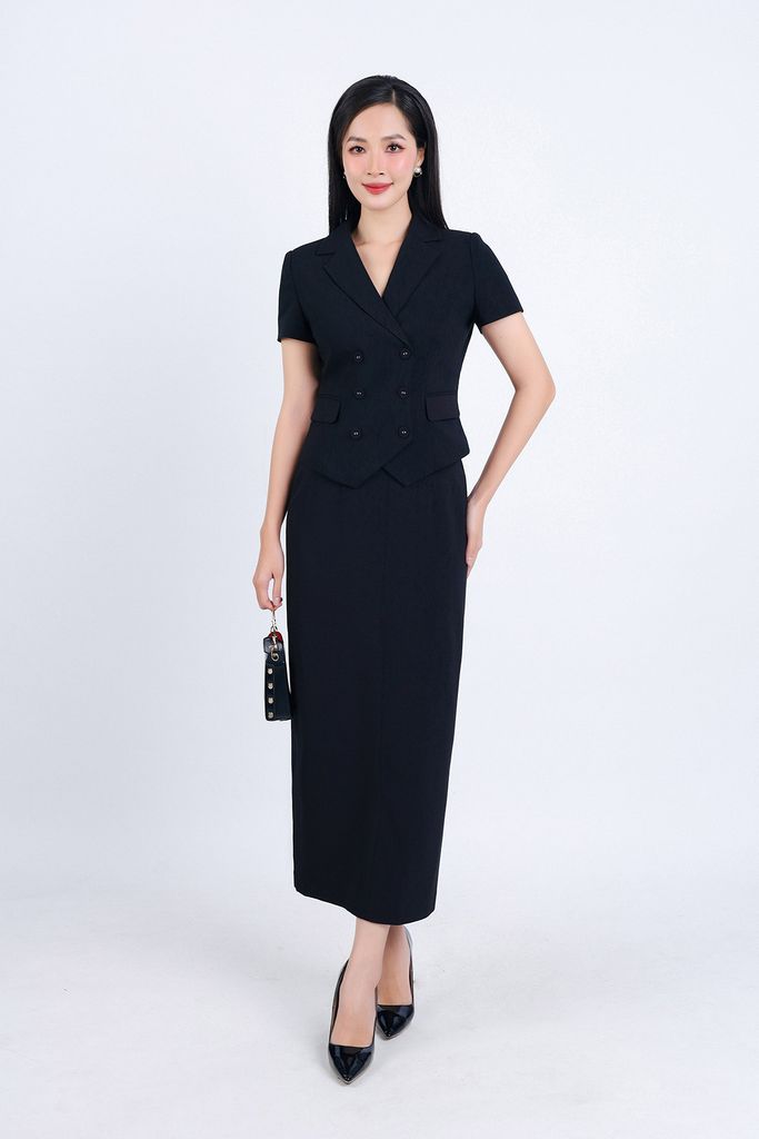 BAD33141 - Áo kiểu công sở vải thô hai lớp lót habutai dáng suông cổ hai ve thân áo phối khuy bọc - PANTIO