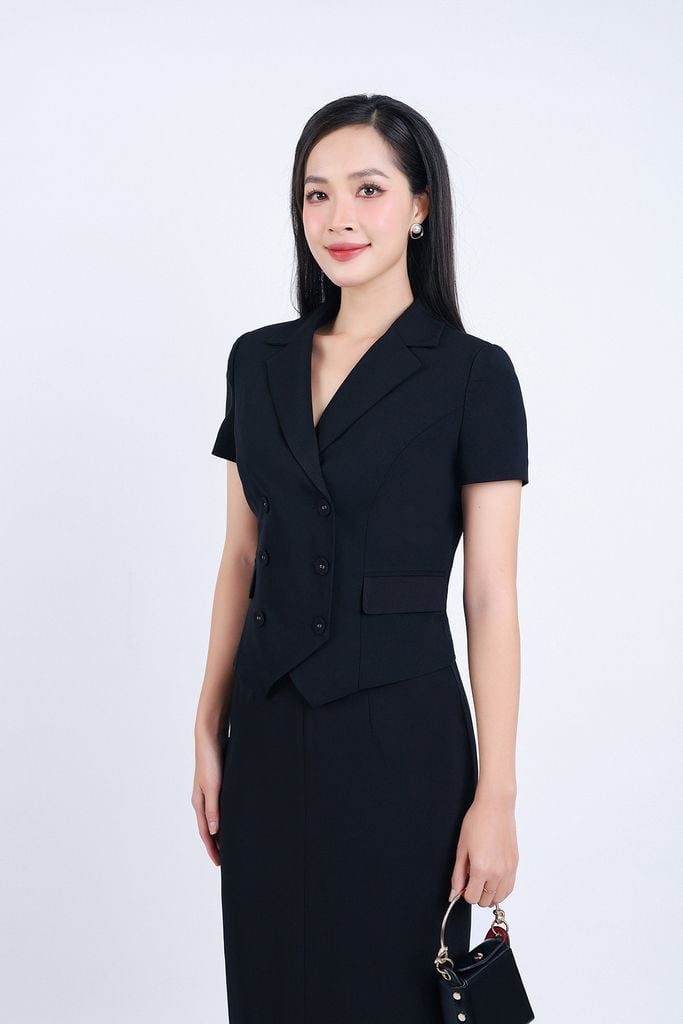 BAD33141 - Áo kiểu công sở vải thô hai lớp lót habutai dáng suông cổ hai ve thân áo phối khuy bọc - PANTIO