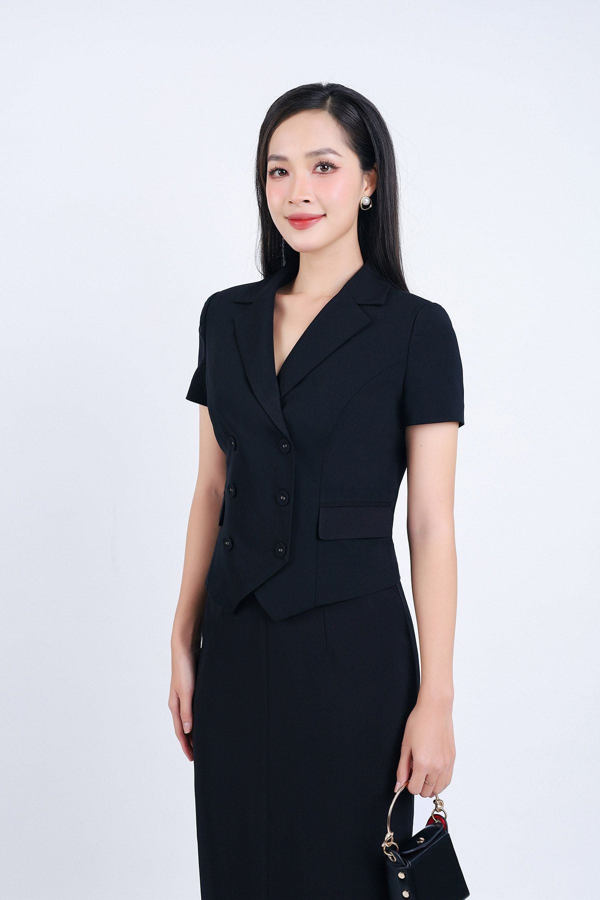 BAD33141 - Áo kiểu công sở vải thô hai lớp lót habutai dáng suông cổ hai ve thân áo phối khuy bọc - PANTIO