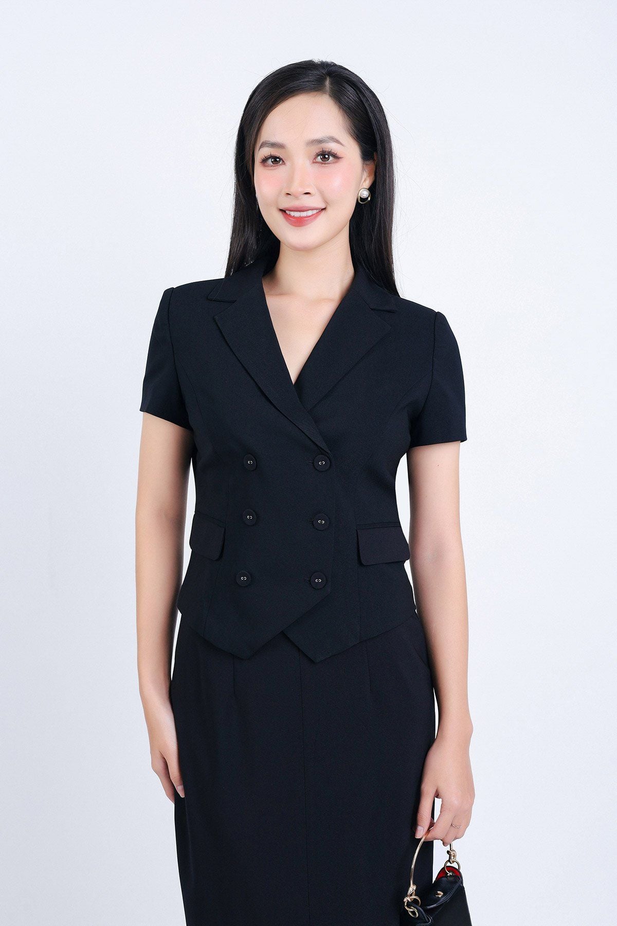 BAD33141 - Áo kiểu công sở vải thô hai lớp lót habutai dáng suông cổ hai ve thân áo phối khuy bọc - PANTIO