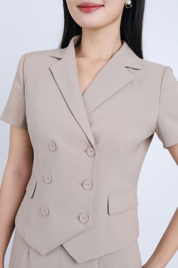 BAD33141 - Áo kiểu công sở vải thô hai lớp lót habutai dáng suông cổ hai ve thân áo phối khuy bọc - PANTIO