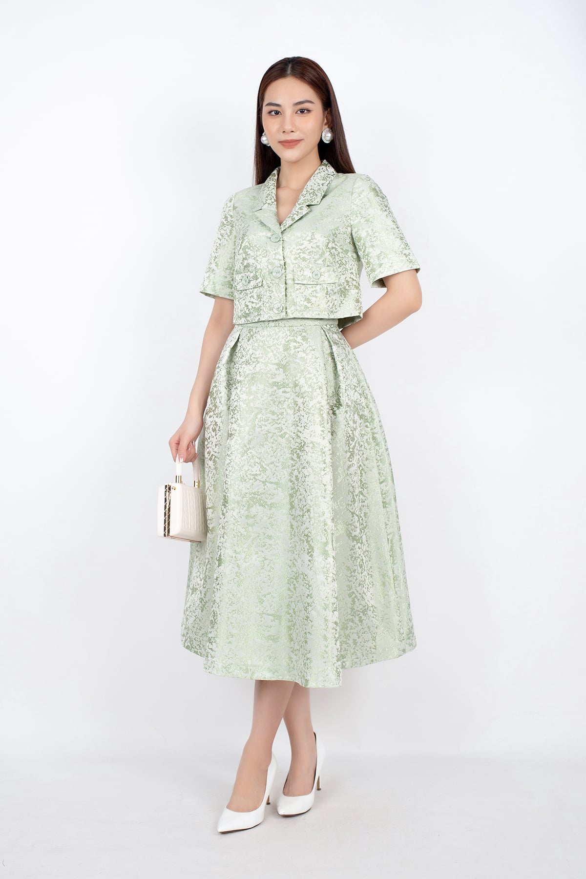 BJD72673 - Chân váy midi vải tafta dáng Xoè xếp nếp khóa thân sau - PANTIO