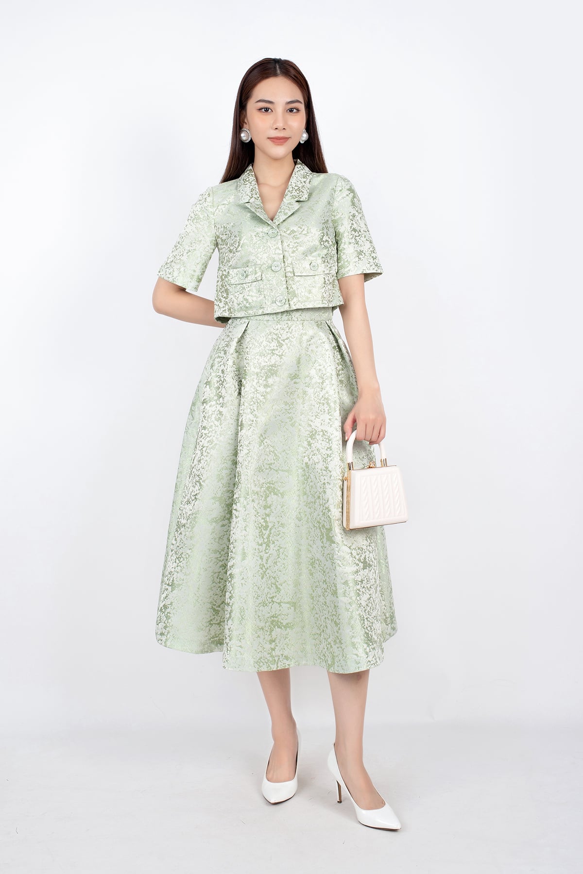 BJD72673 - Chân váy midi vải tafta dáng Xoè xếp nếp khóa thân sau - PANTIO